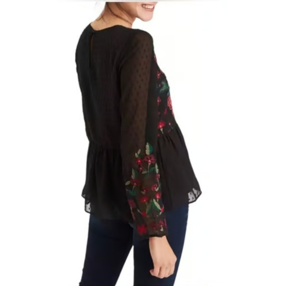 American Eagle Outfitters Black Swiss Dot Floral Embroidered Peplum Top - Picture 3 of 15
